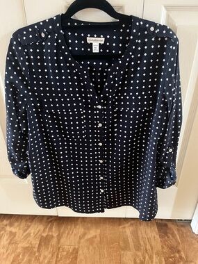 croft & barrow Navy White diamonds Button-Front Blouse